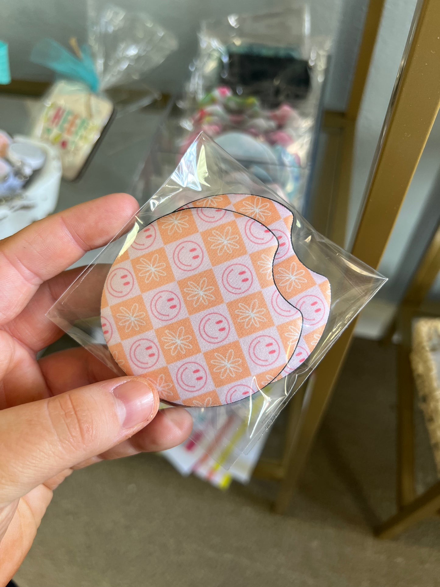 Smiley Checkered Car Coasters