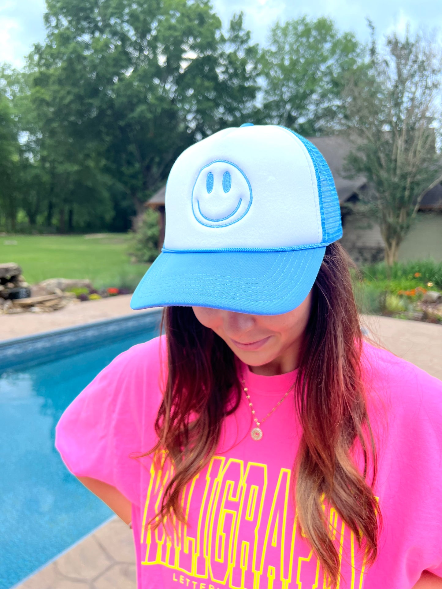 Blue Smiley Trucker Hat